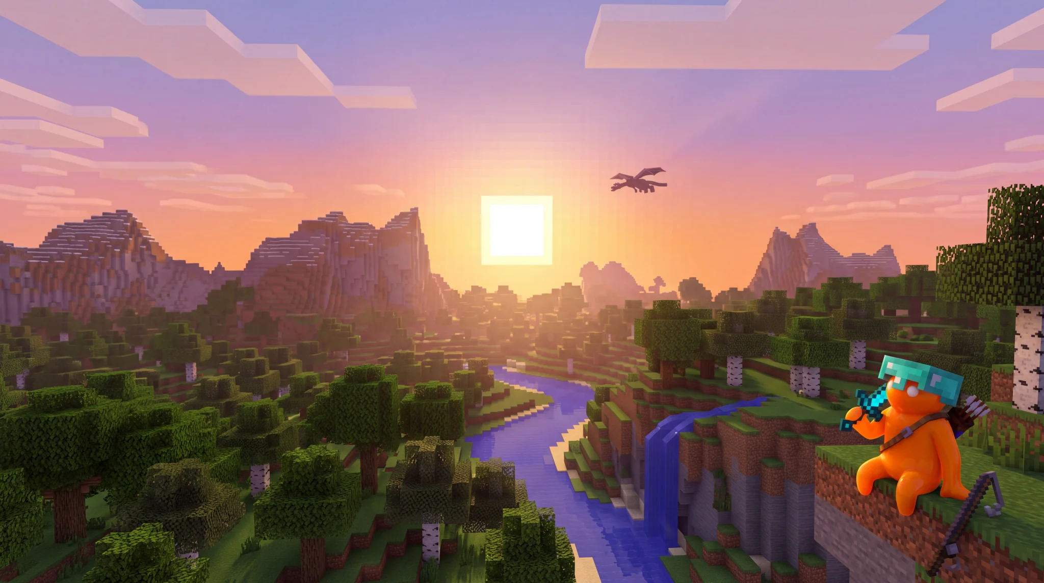 Original BeastCraft title concept art: an orange beast overlooks a block forest and river at sunset