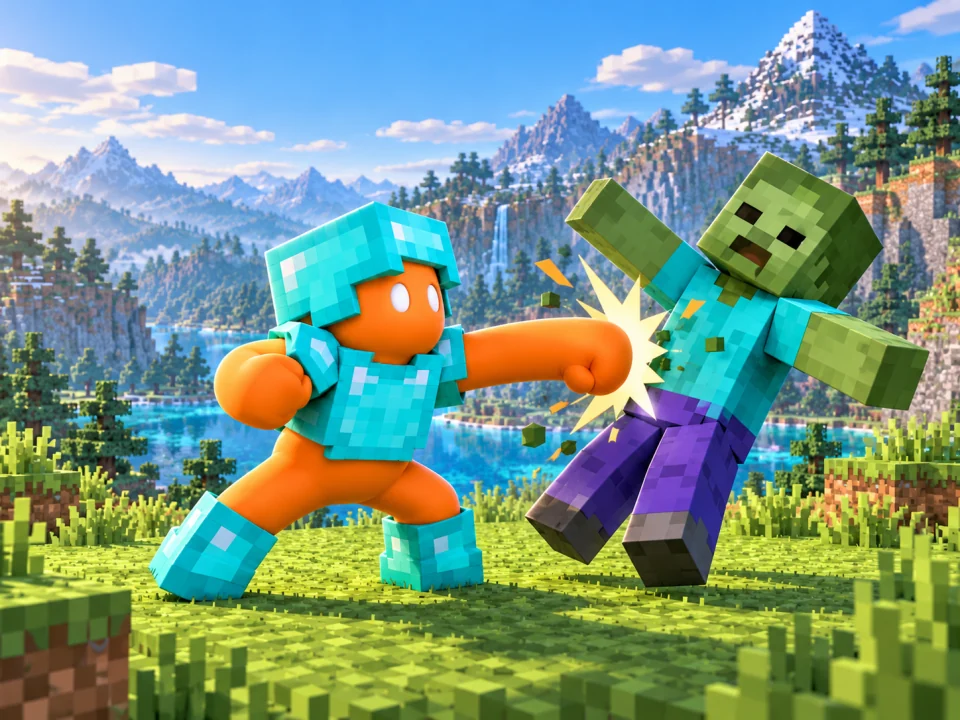 Concept illustration of the orange beast punching a Minecraft zombie