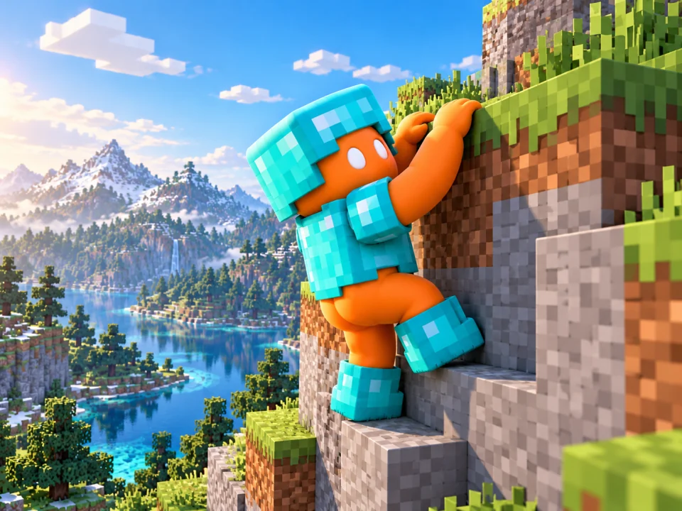 Concept illustration of the orange beast climbing a grassy block ledge