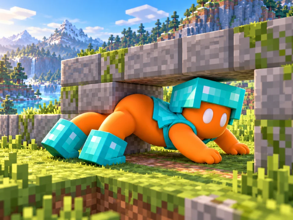Concept illustration of the rubbery orange beast squeezing under a low stone arch
