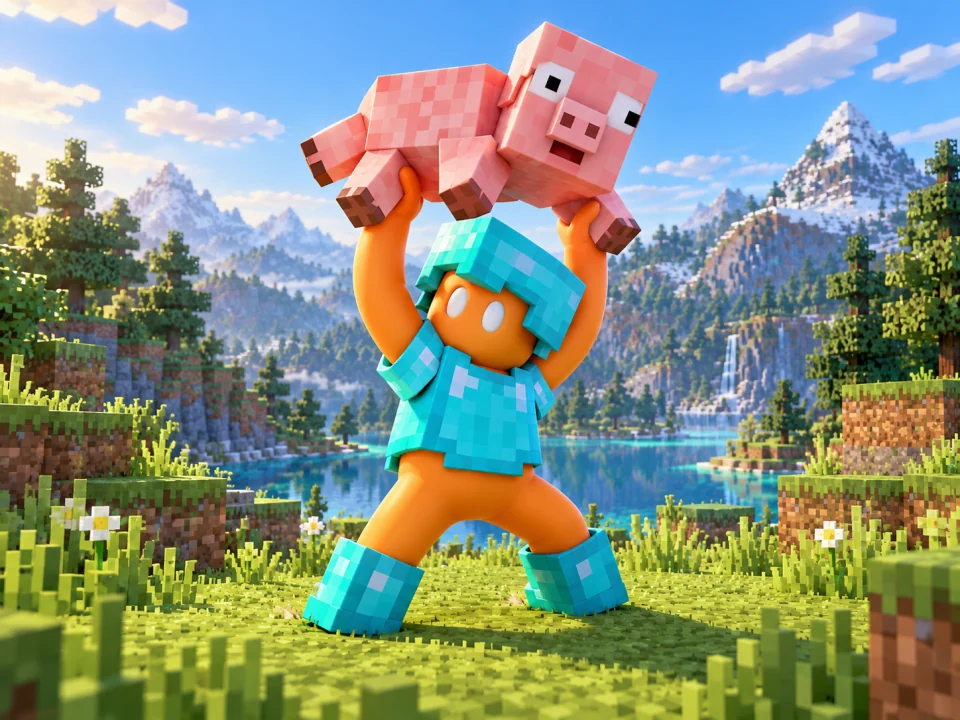Concept illustration of the orange beast lifting a Minecraft pig overhead