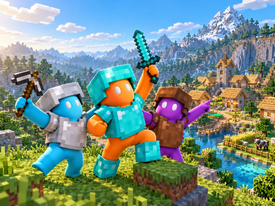 BeastCraft concept art of friends exploring a block world together