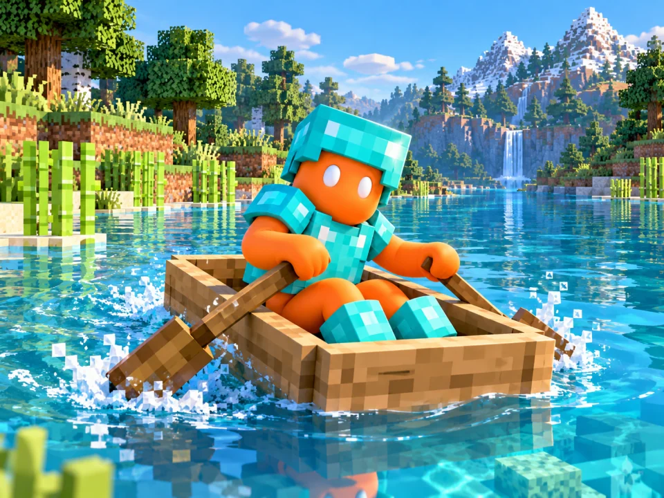 Concept illustration of the orange beast rowing a wooden boat on a Minecraft lake