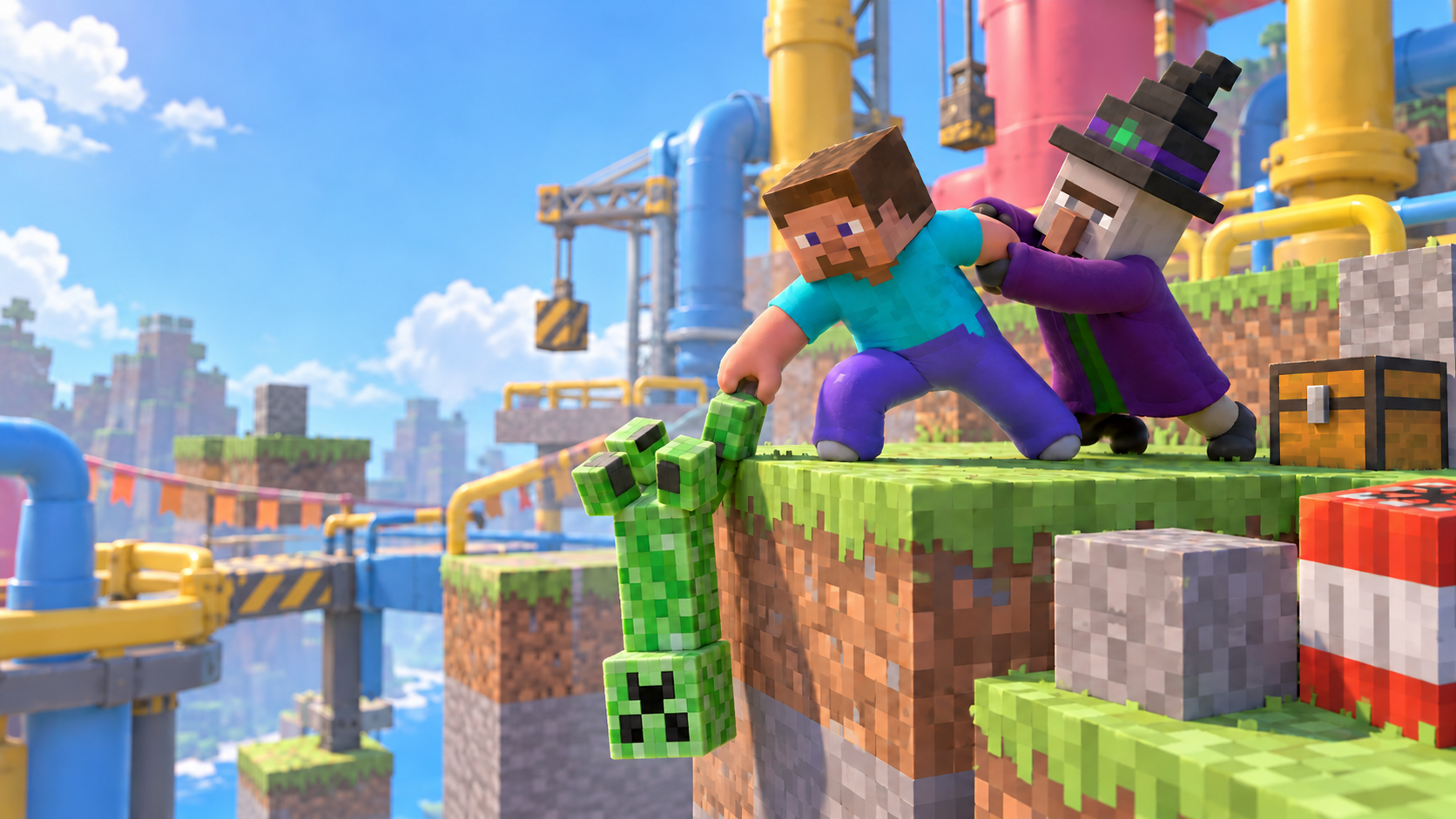 Concept art of Steve holding an upside-down, four-legged creeper by one foot while a witch grapples him